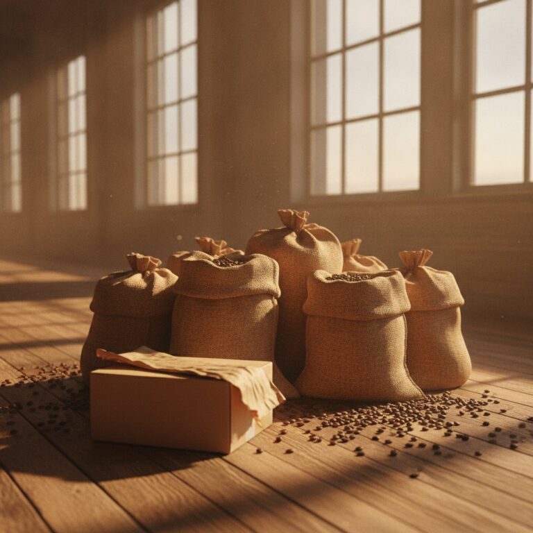 Coffee bean bags and roaster equipment representing a specialty coffee subscription business