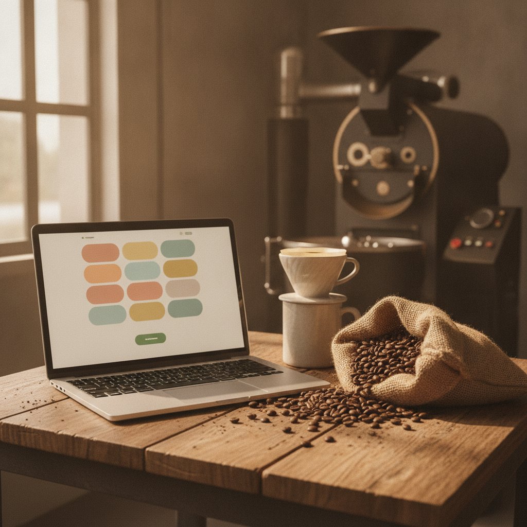 Laptop showing an abstract online store beside a burlap sack of coffee beans in a roastery