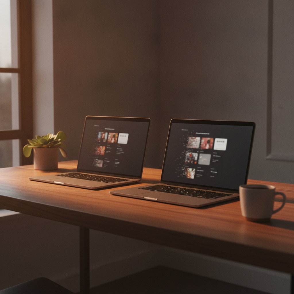 Two laptops on a wooden desk representing Shopify to WooCommerce migration