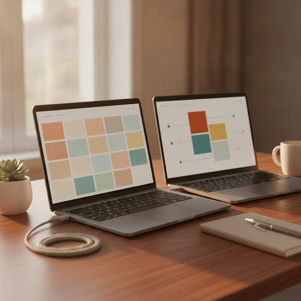 Two laptops on a desk, one showing a product grid and one a clean dashboard, joined by a cable