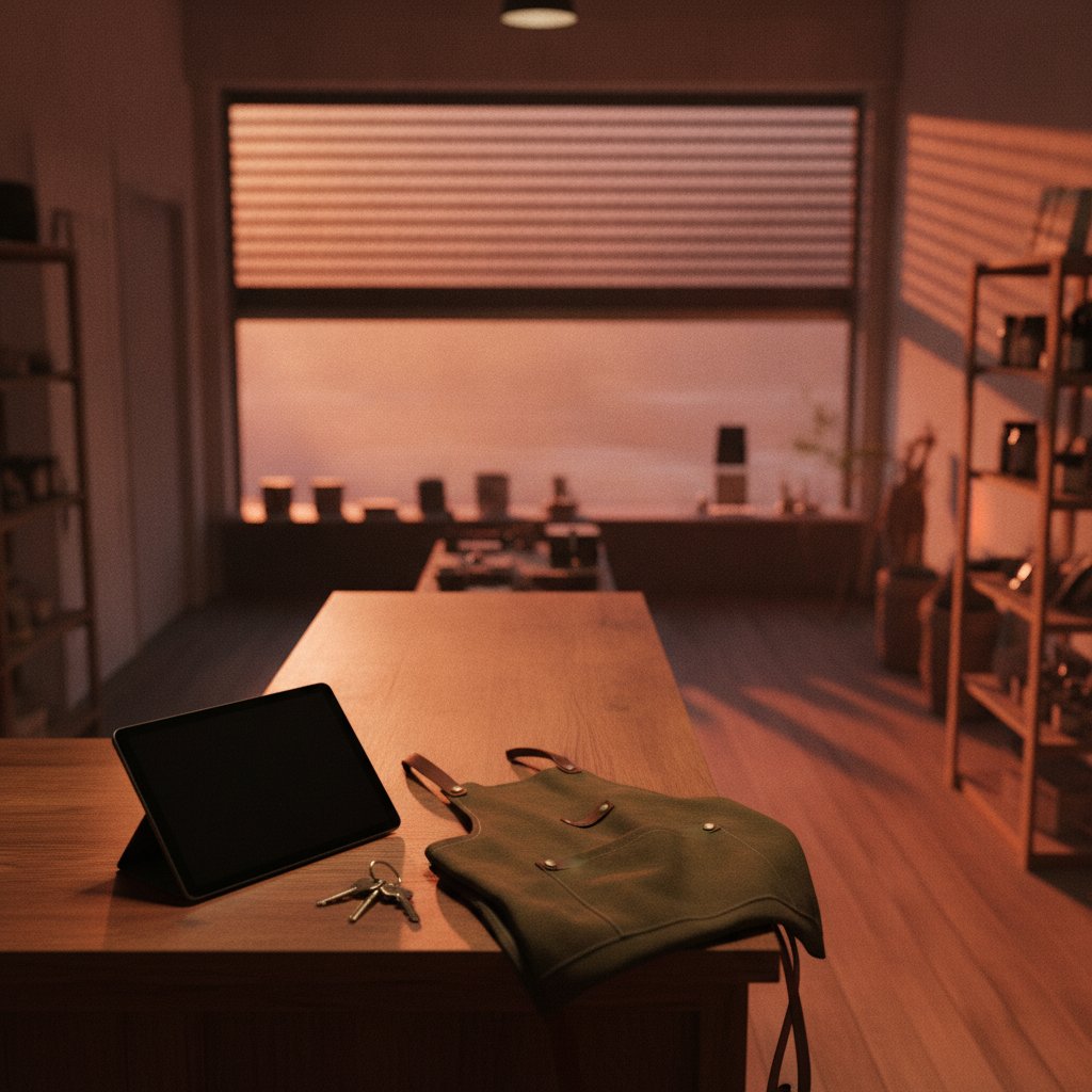 Empty independent retail shop counter at dusk with a dark tablet, keys and apron, security shutter half-lowered