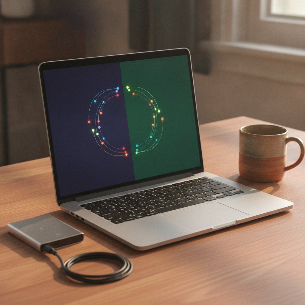 Laptop screen showing colored data points flowing between two panels beside an external drive
