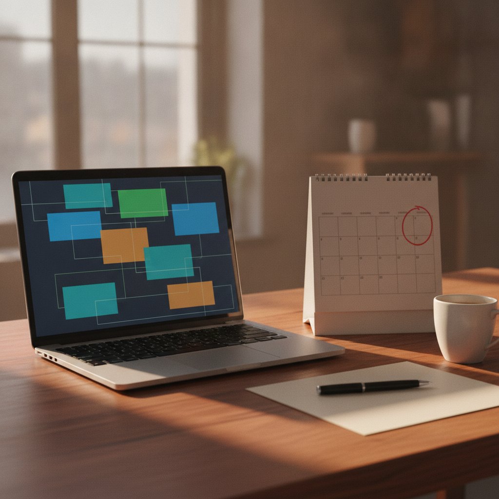 Laptop showing a colored migration planning board beside a desk calendar with one date circled in red