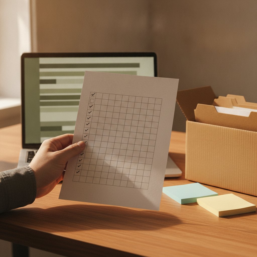 Hand holding a checklist beside a laptop export screen and an open box of file folders