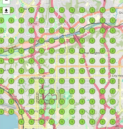 The same geo-grid of central San Diego after six months, showing map pack position 1 across nearly every pin with a few 2s at the edges.