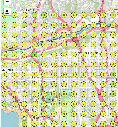 Geo-grid rank tracking map of central San Diego before the engagement, showing map pack positions of 6 to 8 across most pins with a cluster of 10s through the middle.